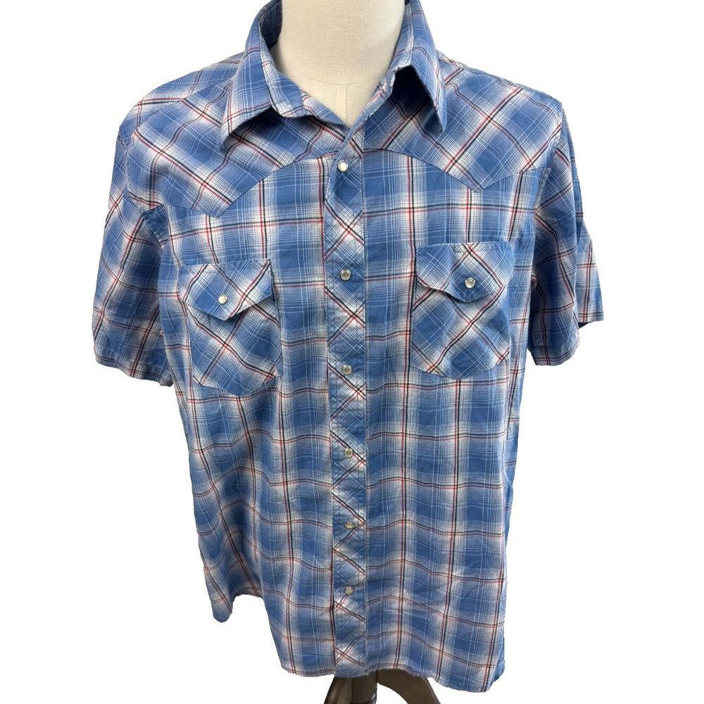 Wrangler Mens Blue Plaid Short Sleeve Western Pearl‎ Snap Shirt XL VINTAGE